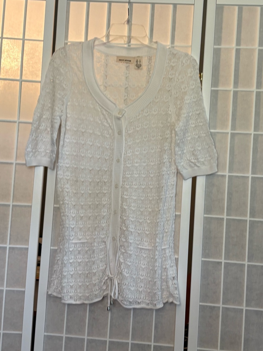 DKNY White Crochet-Textured Button Front Tunic with Drawstring